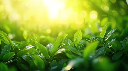 Obraz premium Vibrant green leaves glistening in sunlight, showcasing nature's beauty and tranquility in a serene environment.