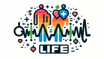 Obraz premium same sex parent Heartbeat with Life Text concept as An isolated vector of a heartbeat line with two icons representing same sex parents and the word Life in an energetic font. This design represents t