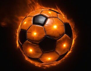 Fototapeta premium The soccer ball flies with lightning fast magical effects in a futuristic orange flame displaying a black background. Ai generated image 