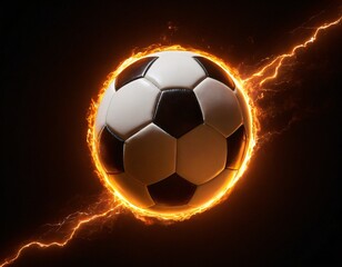 Fototapeta premium The soccer ball flies with lightning fast magical effects in a futuristic orange flame displaying a black background. Ai generated image 