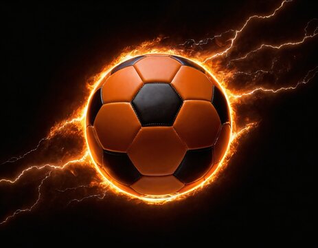 The soccer ball flies with lightning fast magical effects in a futuristic orange flame displaying a black background. Ai generated image 