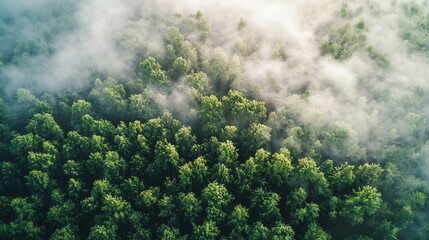 A breathtaking aerial view of lush green trees surrounded by soft, ethereal fog, creating a serene and tranquil natural landscape.