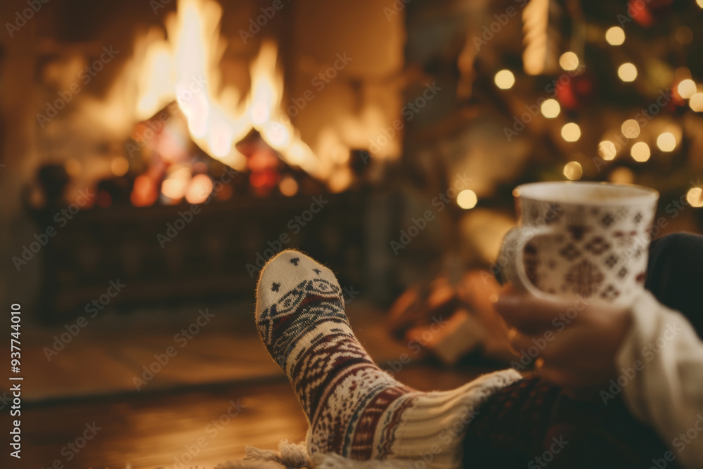 Wall mural a person wearing colorful christmas festive socks, with their feet up on the table in front of an op