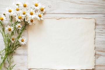 Blank Paper with Daisies on a Wooden Surface