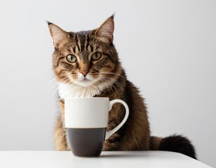 A gray cat wants to drink a cup of coffee. White background. Isolated. Ai generated image 