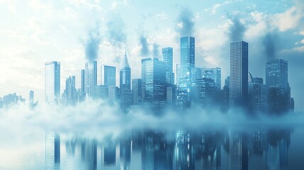Fototapeta premium A foggy city skyline with tall buildings and smoke rising, illustrating urban development and environmental concerns.