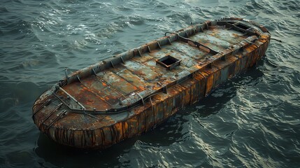 Aged metal barge floating on water transportation and industry concept