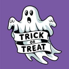 Ghost with Trick or Treat Banner on Purple Background