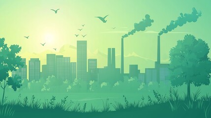 Fototapeta premium A serene cityscape featuring buildings, trees, and factories releasing smoke, captured in a calming green hue during sunset.