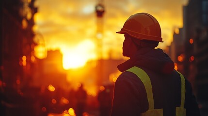 Obraz premium Construction worker wearing a hard hat and reflective vest is silhouetted against a vibrant sunset over a city skyline