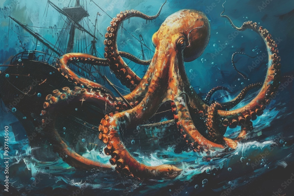Poster an underwater scene of an octopus wrapping its tentacles around a ship, with waves and sea creatures