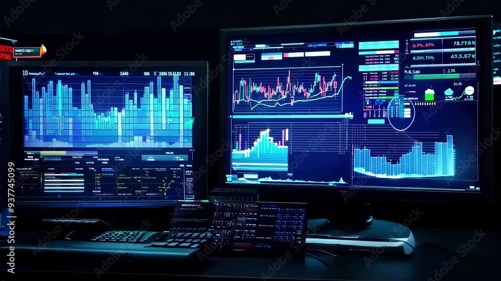 Poster multiple computer screens are displaying various metrics in a dark control center, suggesting innova