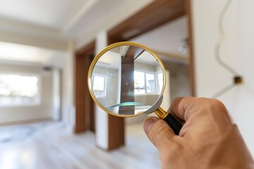  A person holding a magnifying glass, examining the new home interior in the middle of a construction site