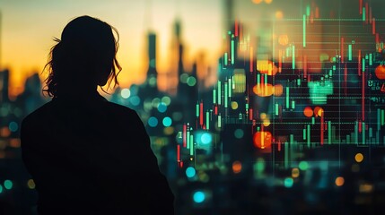 Fototapeta premium A silhouette of a person overlooking a city skyline, featuring layered digital graphs and charts indicating financial growth.