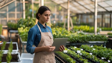 The woman with tablet in greenhouse