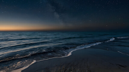 Fototapeta premium The image depicts a stunning sunset over the sea, with the warm orange glow of the sun reflecting on the calm water, clouds scattered across the sky, and gentle waves lapping at the shore