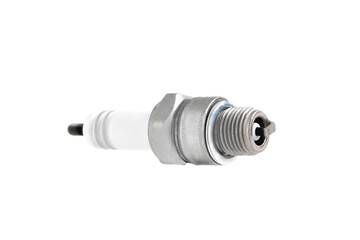 Automotive spark plugs for an internal combustion engine on a white background, close-up