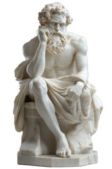 Statue of a thoughtful philosopher seated in a classic pose. This marble sculpture captures intricate details and expression, showcasing artistic heritage. Transparent background png.