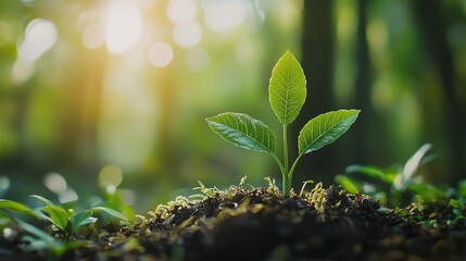 A vibrant seedling sprouts from rich soil, symbolizing growth and renewal in a serene forest setting, bathed in warm sunlight.