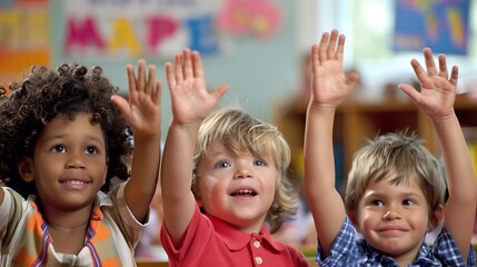 children with hands raised