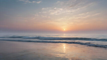 Fototapeta premium This image could be named Evening Sunset Over the Sea with Orange Sky and Gentle Waves on the Beach