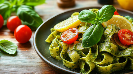 Fresh basil pasta with cherry tomatoes and lemon on a wooden table