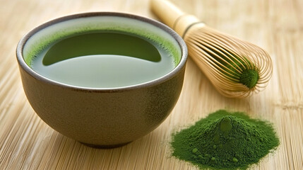 Matcha tea preparation with traditional whisk and powdered green tea on bamboo surface
