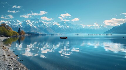 Naklejka premium A tranquil lake surrounded by snow-capped mountains, with a clear blue sky reflecting in the calm waters and a lone boat drifting peacefully near the shore.