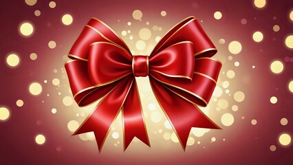 Red ribbon bow with golden edges on a blurred background.