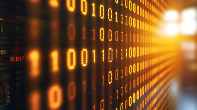 Abstract representation of digital data flowing through a network with glowing binary code in warm tones