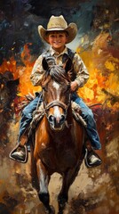 Young cowboy joyfully rides a horse through blazing fire in a vibrant painting, capturing the thrill of the wild west