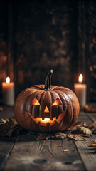 Fototapeta premium Lit Jack-o'-Lantern with Candlelight in a Dark Forest