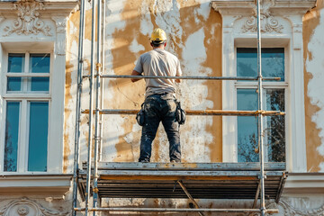 Construction worker restoring the facade of a building