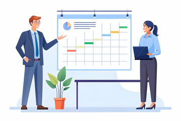 Flat Project manager candidly presenting a timeline to a client concept as A candid shot of a project manager presenting a project timeline to a client. The camera captures the clarity and professiona