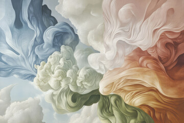 Fototapeta premium This image depicts a beautiful abstract landscape with colorful swirling clouds in hues of blue, green, white, and orange, evoking a sense of wonder and creativity.