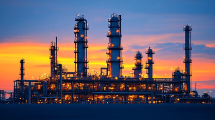 Refinery infrastructure illuminated at dusk against a colorful sunset
