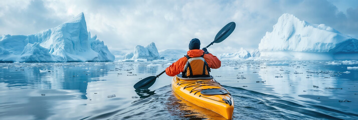 Man kayaking in kayak with icebergs in background