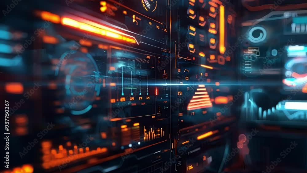 Poster futuristic digital interface displaying complex data analysis with a blurred background, suggesting 