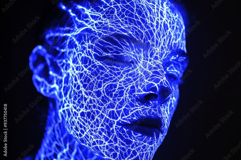 Poster close up of a womans face with glowing blue digital network overlay symbolizing the fusion of human 