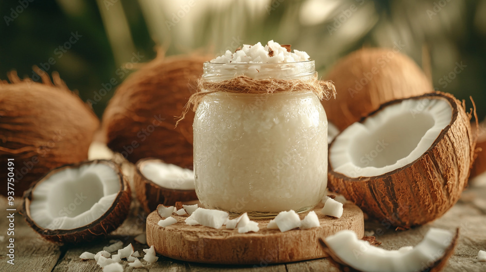 Poster fresh coconut cream in a jar surrounded by coconut shells and pieces on a rustic wooden surface with