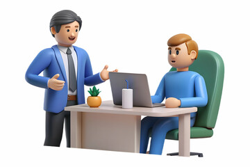 Obraz premium 3D Candid moment of a manager giving feedback to an employee in a private office concept as A candid shot of a manager giving feedback to an employee in a private office. The camera captures the const