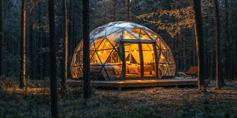 Transparent geodesic dome illuminated at twilight in a forest setting