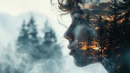 Combination of a silhouette of a woman's face, high mountains and forest. The concept of the unity of nature and man. Concept of the connection between man and nature, taking care of the environment