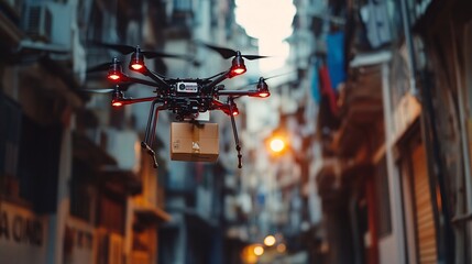 Urban Drone Delivery Service - Aerial Drone with Camera Delivering Package in Cityscape