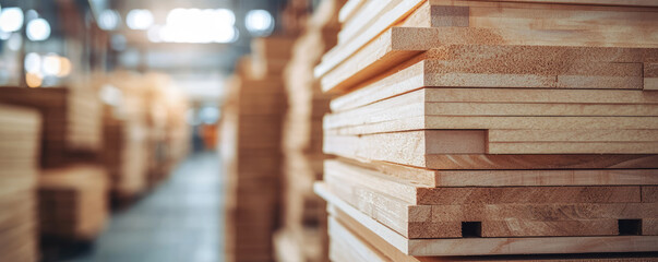 Obraz premium Stack of wooden planks filling lumberyard warehouse