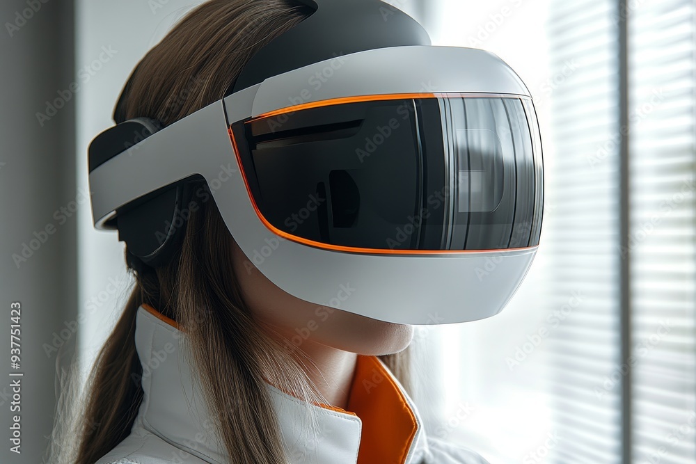 Poster profile of a woman in a sleek high tech vr headset immersed in a minimalist digital environment symb