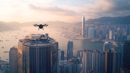 Urban Aerial View: Drone Landing on Skyscraper Helipad in Bustling Cityscape