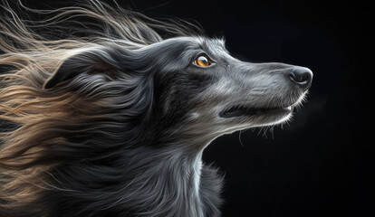Fototapeta premium Close-up of a long-haired grey dog with flowing fur, gazing intently, profile view against a dark background