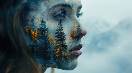 Combination of a silhouette of a woman's face, high mountains and forest. The concept of the unity of nature and man. Concept of the connection between man and nature, taking care of the environment