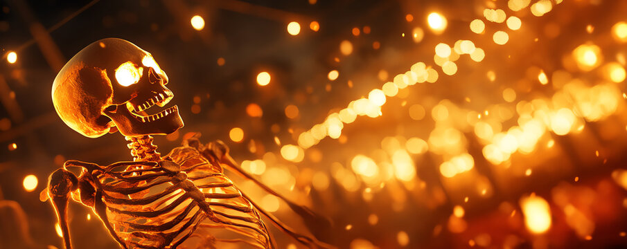 A glowing skeleton surrounded by sparks, creating a captivating atmosphere of mystery and intrigue.
